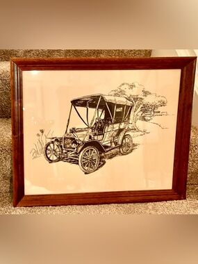 Vintage Oak Framed Ink Drawing Lynn Gertenbach, Ford T, Circa 1970